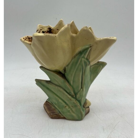 Vintage McCoy Planter Double Tulip With Swallow 1940s Ceramic 7" H Yellow - Picture 6 of 6